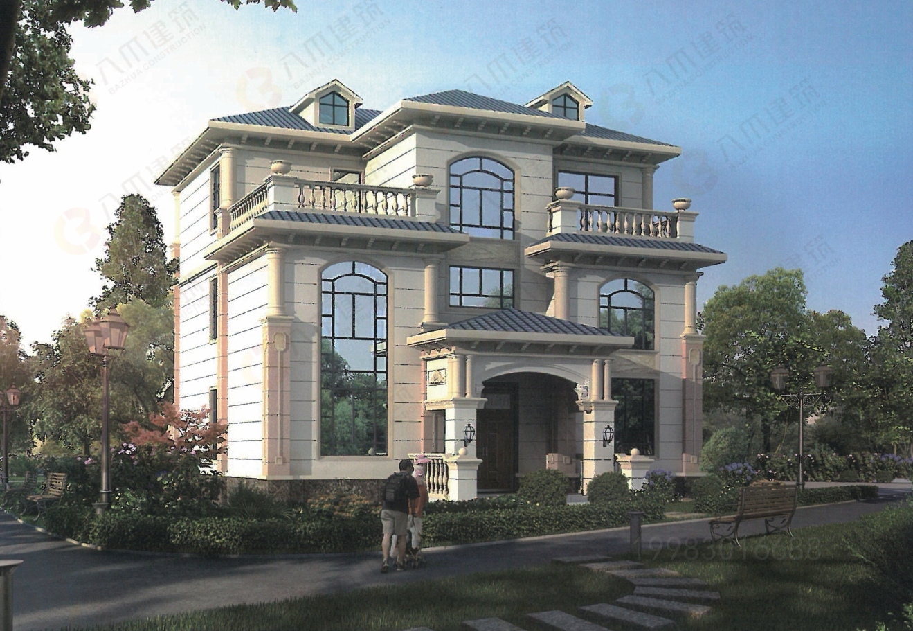 简欧带花园三层轻钢建筑